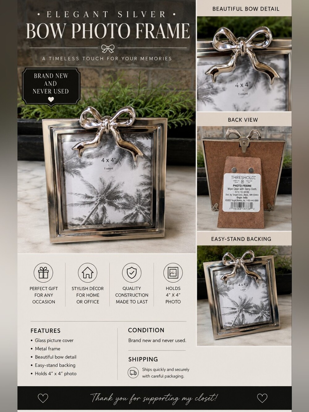Threshold Silver Bow Decorative 4x4 Picture Frame